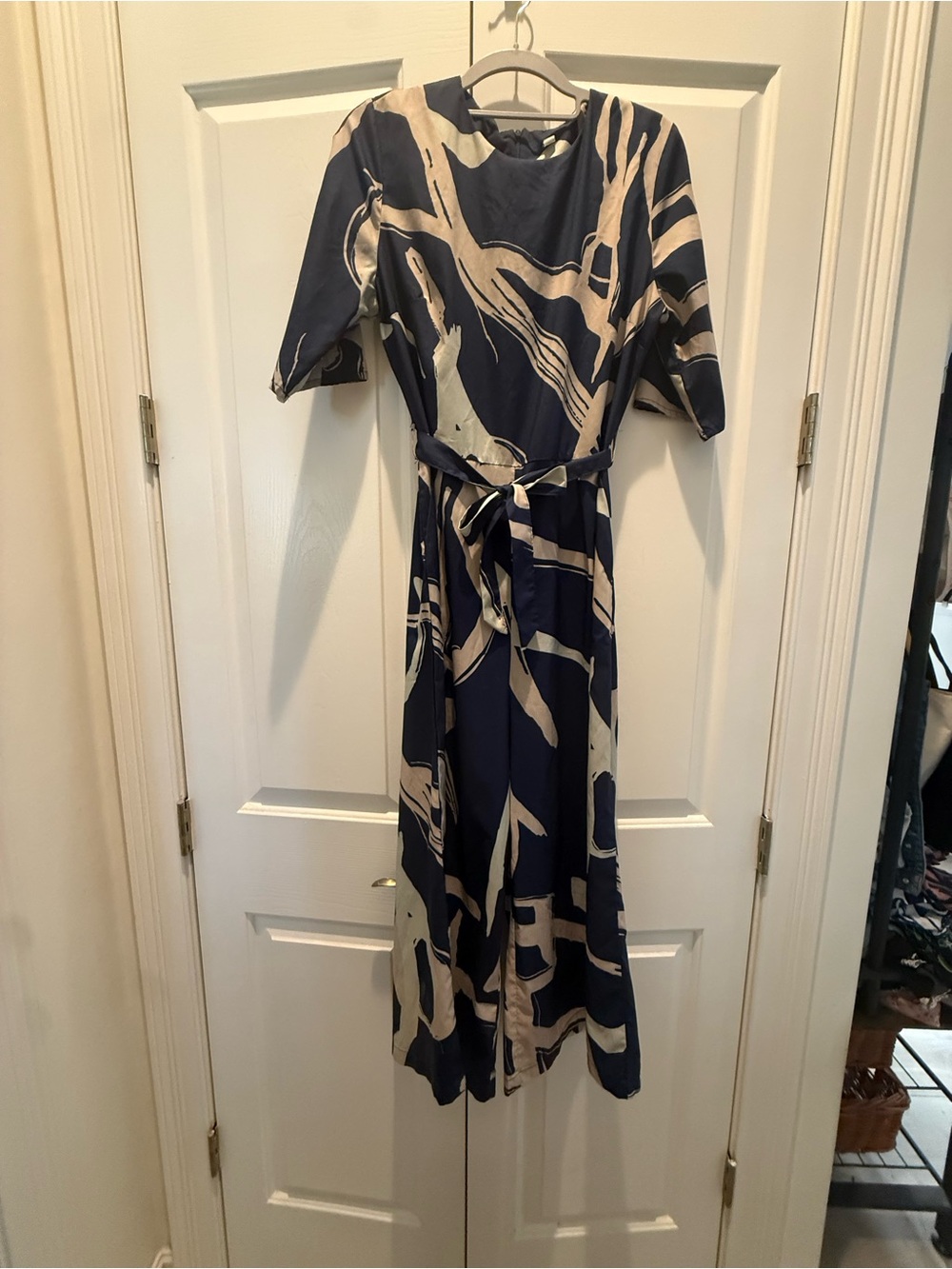 Navy & Beige Abstract Print Tie-Waist Wide-Leg Jumpsuit - Picture 3 of 5